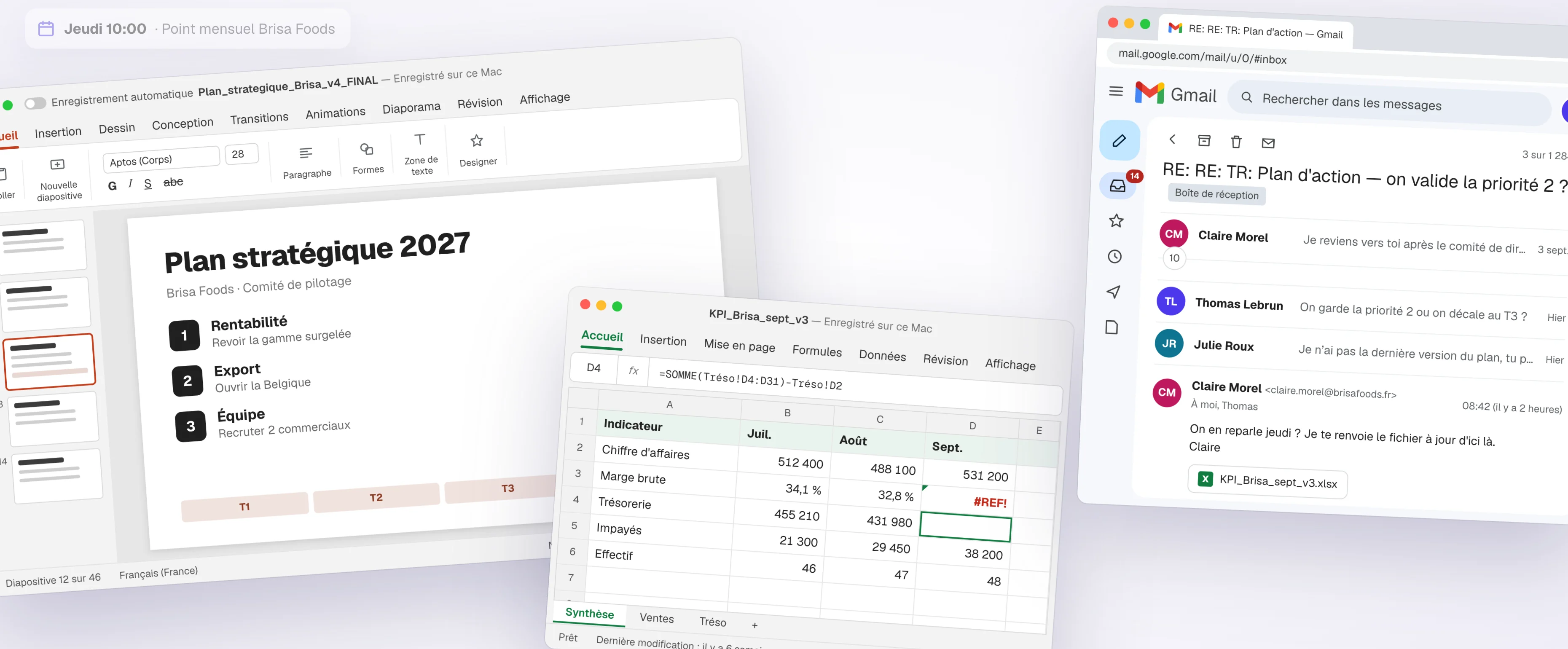 Un plan stratégique dans PowerPoint, un tableur Excel et un fil d'e-mails Gmail, chacun de son côté